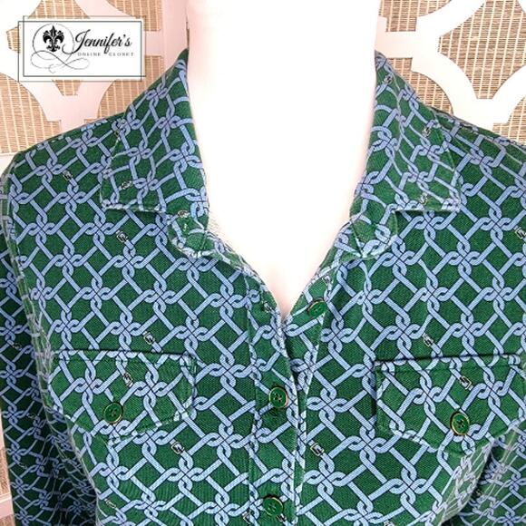 Talbots Green with Blue Belt and Buckle Print Long Sleeve Top Size M - Picture 3 of 11